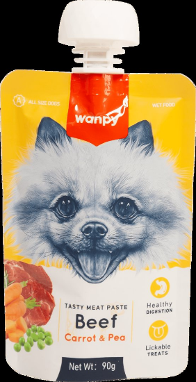 Wanpy Tasty Dog - Месна паста за кучета с говеждо, морков и грах, 90 гр